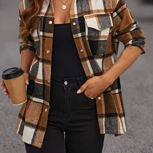 Chemise à manches longues à carreaux de couleurs mélangées - parfaite pour les femmes, surchemise polyvalente