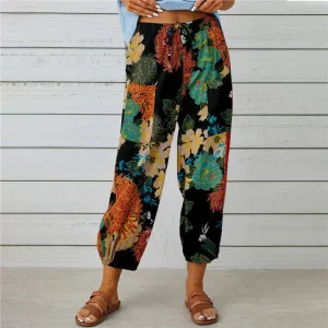 Pantalon d'été aéré à imprimé floral pour femmes - confortable et décontracté pour les journées décontractées