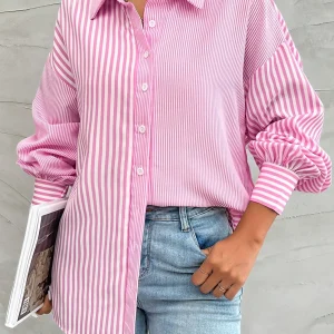 Élégant chemisier rayé rose pour femmes - haut boutonné élégant pour toutes les occasions
