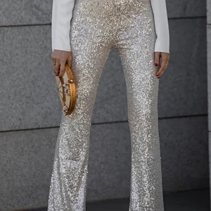 Pantalon élégant à taille haute, évasé et à paillettes pour femmes