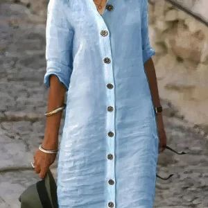 Stylish Casual Linen Midi Dress - Rena pour un look frais et confortable