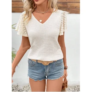 Elegant crochet top for women - Chemisier crème chic
