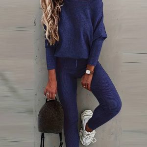 Ensemble de salon 2 pièces pour femmes comprenant un pull côtelé confortable et un pantalon assorti pour une commodité et un style optimaux lors des sorties décontractées