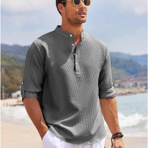 Chemise Henley à manches longues retroussées pour hommes - Coupe confortable et tissu léger et respirant