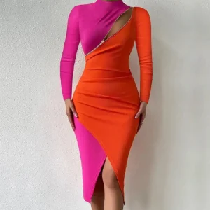 Robe Femme Bodycon Élégante avec Découpe Asymétrique, Manches Longues et Longueur Midi