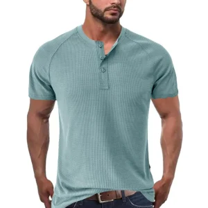 Chemise Henley classique en tricot gaufré pour hommes - manches courtes, confort respirant, coupe régulière