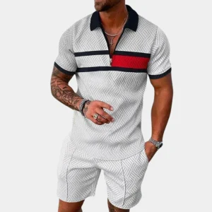 Ensemble 2 pièces élégant pour hommes avec motif géométrique, fermeture à glissière et manches courtes