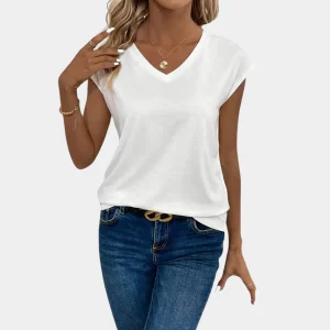 Élégant T-shirt blanc à col en V pour femmes - parfait pour une tenue décontractée