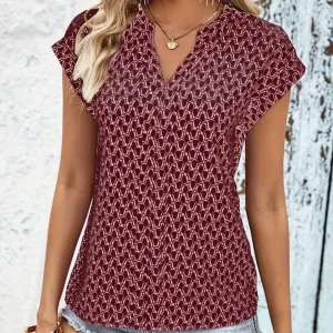 Bernice - T-shirt tendance à col en V avec motif géométrique stylisé et manches courtes