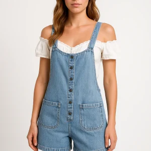 Shorts en jean décontractés pour femmes avec Bretelles ajustables, bouton devant et poches pratiques