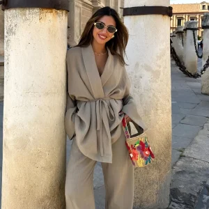 Capucine | Ensemble Kimono Ceinturé et Pantalon Large en Lin pour Femmes