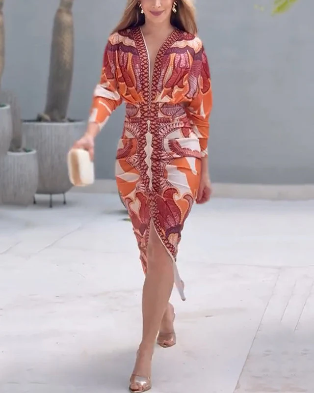 Maëlle| Robe Élégante à Encolure en V avec Imprimé Artistique pour Femme – Image 4