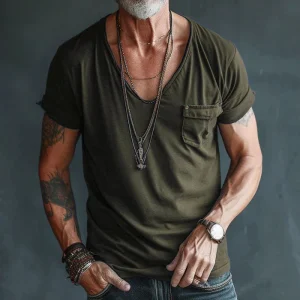 T-Shirt Homme à Col en V, Manches Courtes avec Roulés, Poche sur la Poitrine, Coupe Décontractée