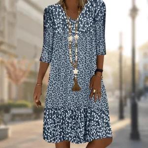 Robe midi élégante à imprimé floral et manches 3/4 - Légère, respirante et parfaite pour l'été