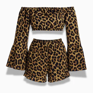 Pyjama Femme Léopard – Ensemble 2 Pièces Top Épaules Dénudées & Short