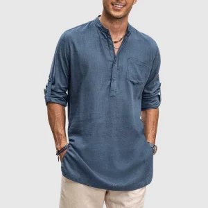 Chemise Henley décontractée pour hommes avec manches longues retroussées, poche sur la poitrine et coupe décontractée
