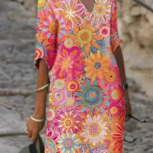 Robe élégante à col en V et imprimé floral stylisé