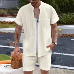 Set de homme 2 pièces - Chemise à col henley et short - Convient léger et décontracté