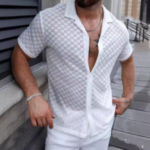 Chemise décontractée en tricot pour hommes avec détails en dentelle - Relaxed Fit, Short Sleeve Button-Up Top