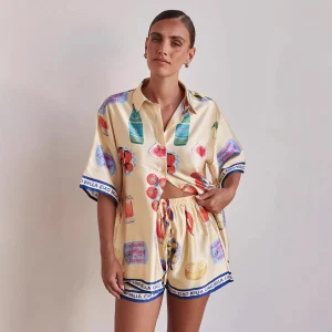 Ensemble de détente pour femmes - Toucher satinée - Coupe décontractée - Chemisier boutonné etShorts à cordon de serrage