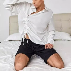 Chemise pour hommes à manches longues - Coupe décontractée - Devant à lacets - Tissu léger en coton mélangé