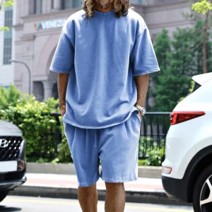 Ensemble de détente pour hommes - T-shirt à manches courtes et short à cordon de serrage - Coupe ample et confortable