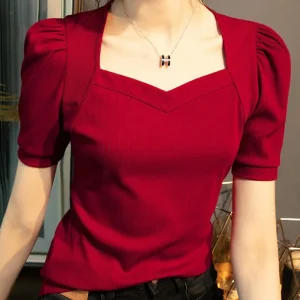 Stylish Red Puff Sleeve Top - Trendy Ribbed Blouse for Women