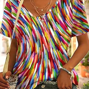 T-shirt à col en V pour femmes avec imprimé abstrait coloré accrocheur