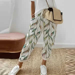 Pantalon élégant à imprimé feuilles de bohème pour femmes - pantalon décontracté vert frais pour un look décontracté