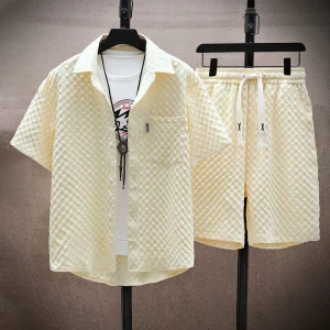 Ensemble Masculin Deux Pièces - Chemise à Texture à Manches Courtes & Short à Taille Élastique - Style Décontracté