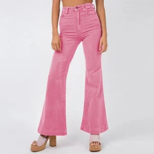 Élégant pantalon évasé en tissu pour femmes, avec taille haute et poches pratiques