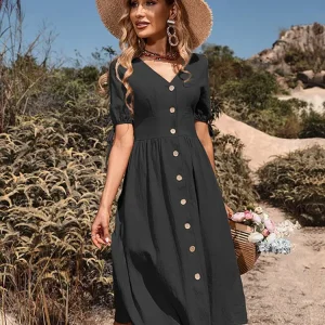 Robe élégante en coton à col en V pour le printemps/été - Confort et style avec Annelies