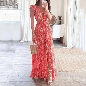 Robe Décolleté V à fleurs imprimée - Élégance séduisante et style tendance