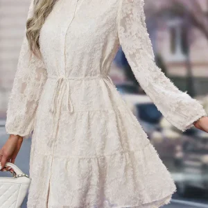 Robe Fille Femme Élégante en Dentelle avec Volants,A-Line à Plusieurs Niveaux,Boutonnage,Manches Longues,Ceinture Ajustable
