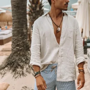 Chemise en lin à col montant pour hommes - Manches longues, coupe décontractée pour un confort décontracté élégant et respirant