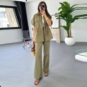 Ensemble Deux Pièces Femme – Haut à Cordon & Pantalon