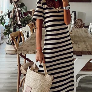 Robe décontractée pour femmes à rayures - Col en V - Manches courtes - Respirante et coupe détendue