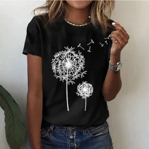 T-shirt élégant pour femmes avec impression délicate de pissenlits - manches courtes décontractées et tendance pour un confort quotidien