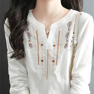 Blouse brodée élégante pour femme - Top léger en coton blanc avec manches longues élégantes pour un look chic lors d'événements décontractés