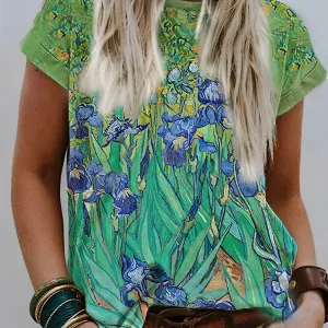 T-shirt pour dames avec imprimé artistique Van Gogh Irises - Green Casual Short Sleeve Top for Every Day