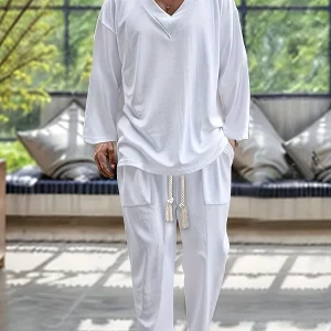 Vêtements de détente pour hommes - Ensemble T-shirt à manches longues en V et pantalon ample avec poches