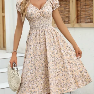 Robe midi d'été florale à manches bouffantes pour femmes