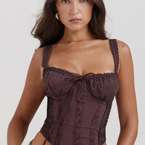 Élégant top corset en dentelle marron - style féminin ajusté pour un look sophistiqué