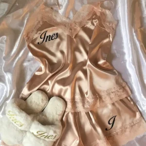 Ensemble Bustier & Short Satin Dentelle Personnalisé – Pyjama Mariée, EVJF, Cadeau Femme Élégant