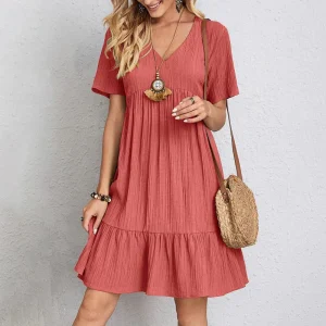 Robe décontractée à col en V pour femmes, manches courtes, ourlet à volants, coupe ample et confortable, longueur au genou