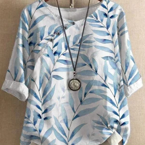 Chemisier élégant en lin pour femme - chemisier d'été stylé avec impression de feuilles à la mode