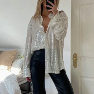 Blouse à paillettes oversize pour femmes - Chemise glamour scintillante