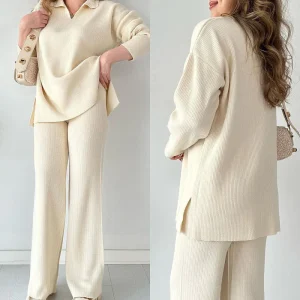 Ensemble 2 pièces pour femmes - pull côtelé et pantalon confortables pour des sorties décontractées et relaxantes