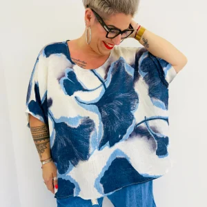 Top Grande Taille Femme en Viscose & Tencel Bleu et Blanc